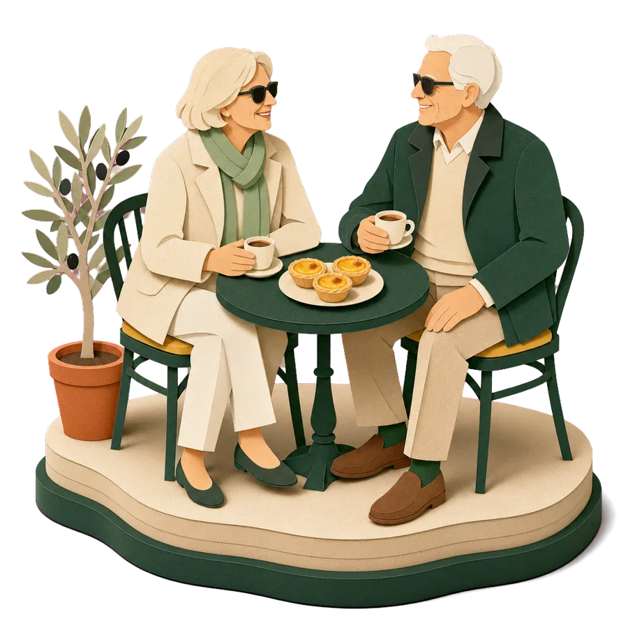 A couple around 70 at a café in the Algarve, testing a couple’s monthly budget for retiring overseas