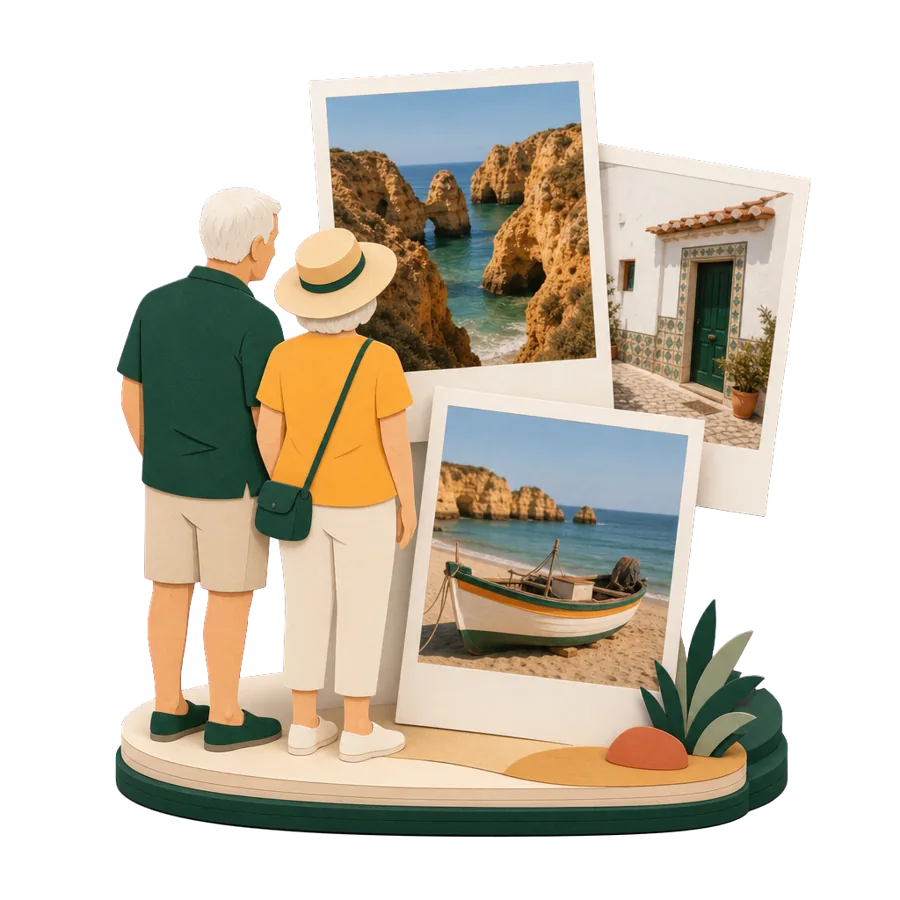 A couple in their early 70s looking at photos of the Algarve, planning a 12 week stay overseas as a couple