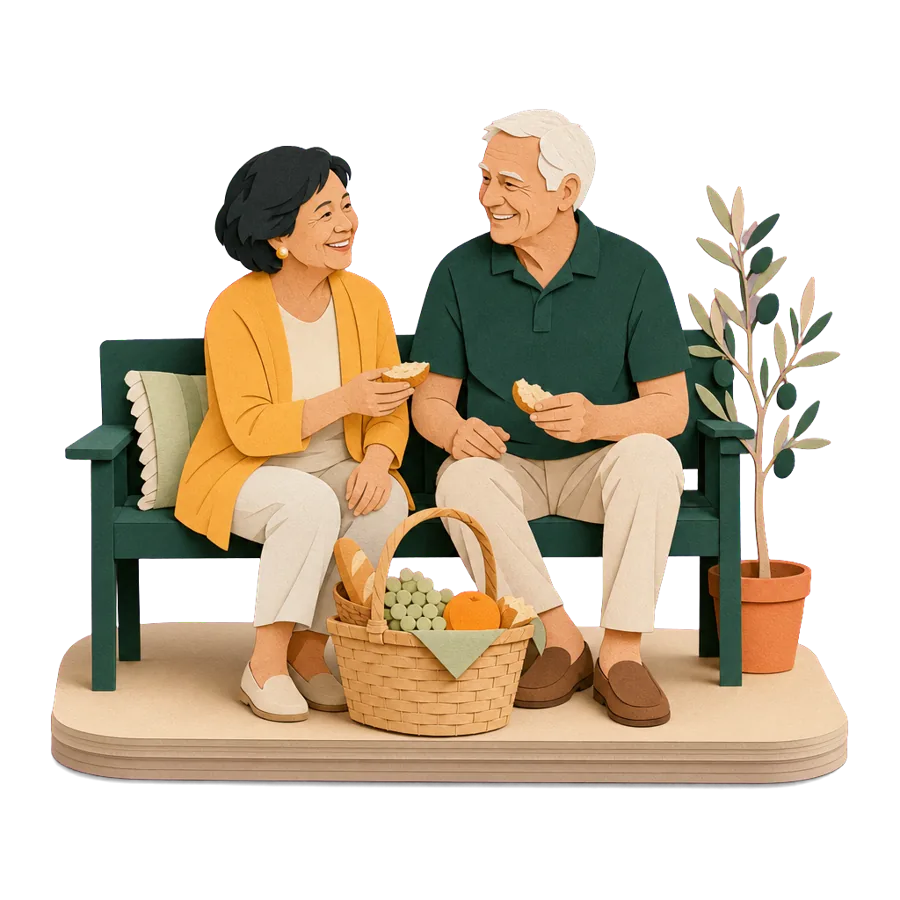 A couple around 70 sharing a picnic on a bench, planning to retire overseas as a couple from Australia