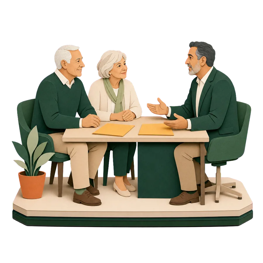 A couple around 70 with an insurance broker and two folders, as couples retiring overseas get one quote each