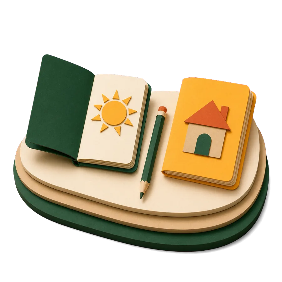 Two open notebooks with a sun and a house, each partner’s wishes when retiring overseas as a couple