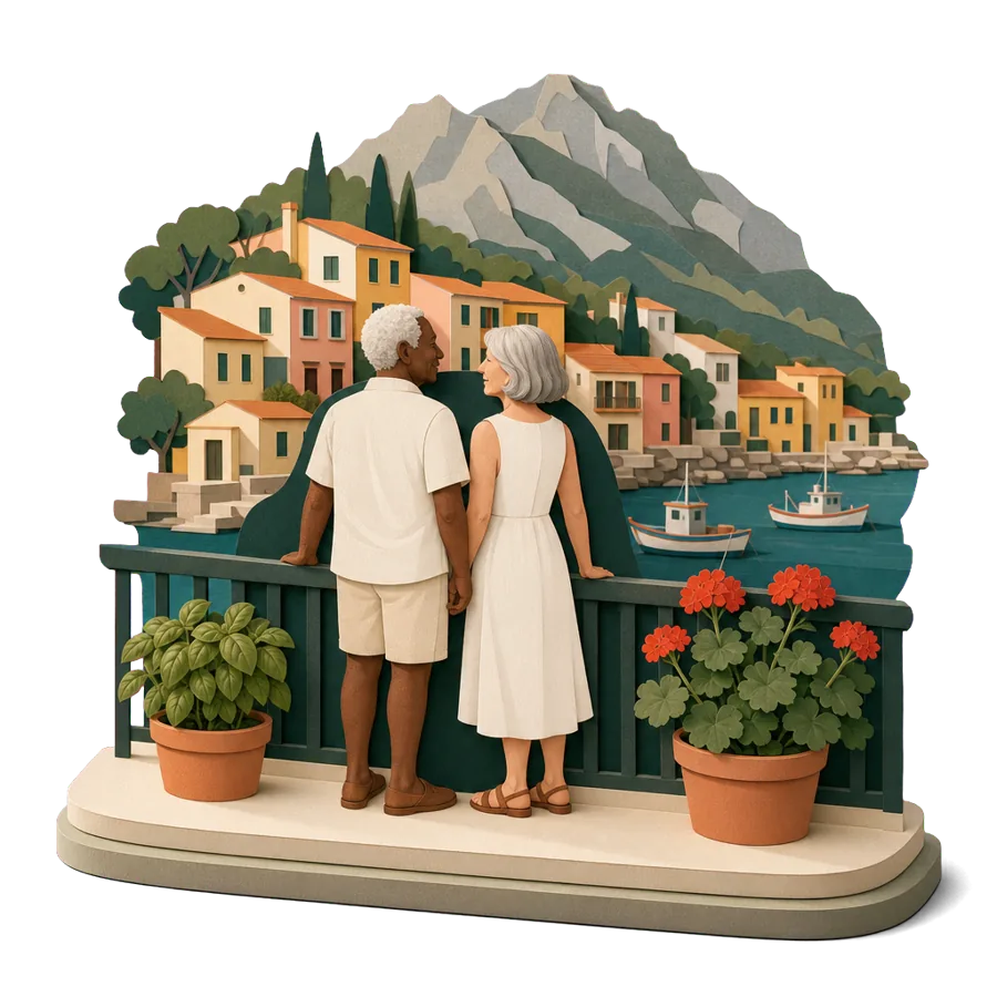A retired couple stand on a balcony above a harbour lined with pastel houses, with grey mountains behind, for where Australians live on Crete
