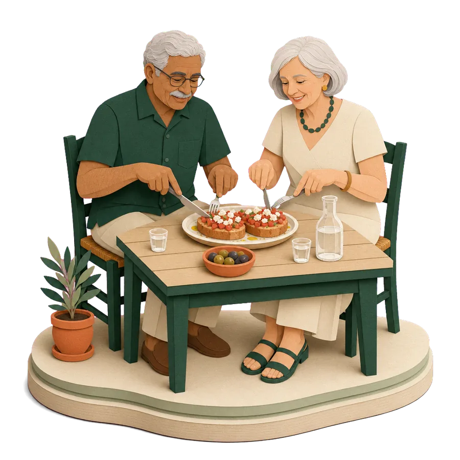A retired couple share barley rusks topped with tomato and cheese at a taverna table, with a small carafe of raki, for what a month costs in Crete