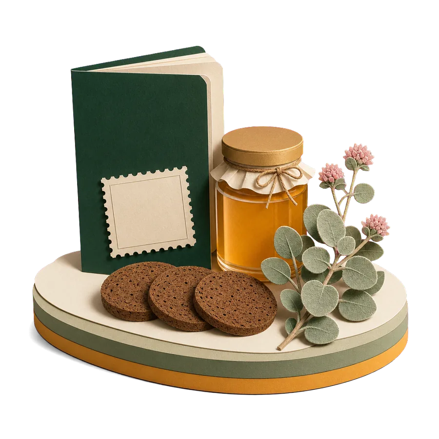 A generic passport with a blank stamp beside a jar of thyme honey, a few barley rusks and a sprig of soft grey dittany, for visas for Australians on Crete