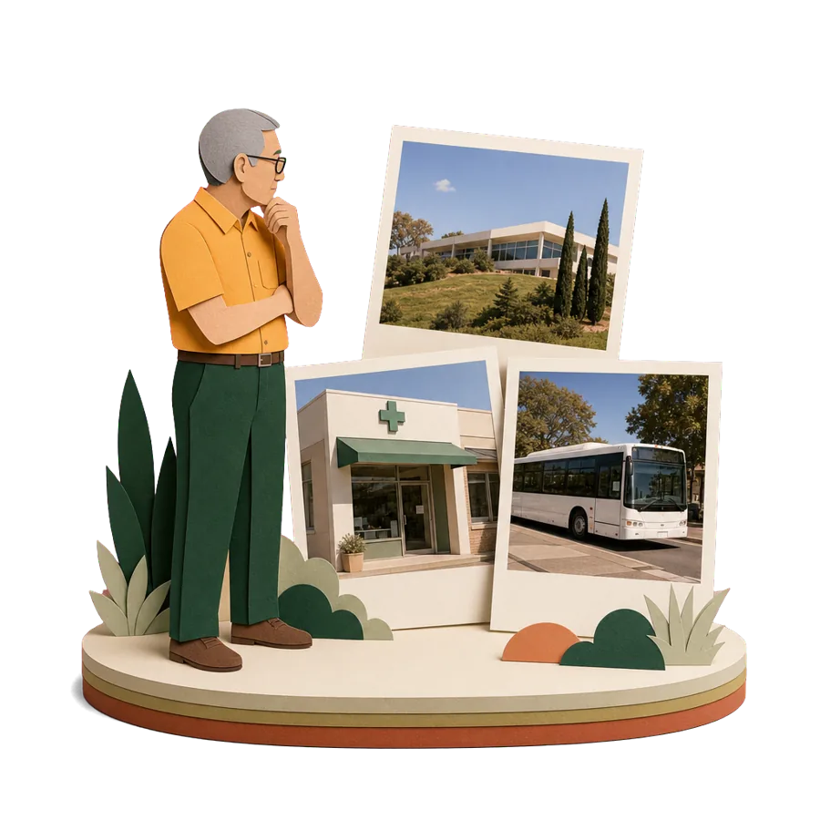 A retired man looks at photos of a low hospital building on a hillside, a pharmacy with a green cross and a city bus, for health care on Crete