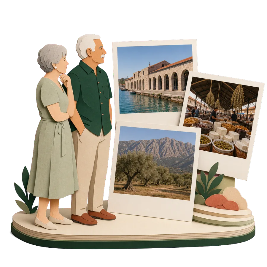 Retirees on Crete look at photos of the old Venetian arsenals in Chania, the covered market and olive trees below the mountains