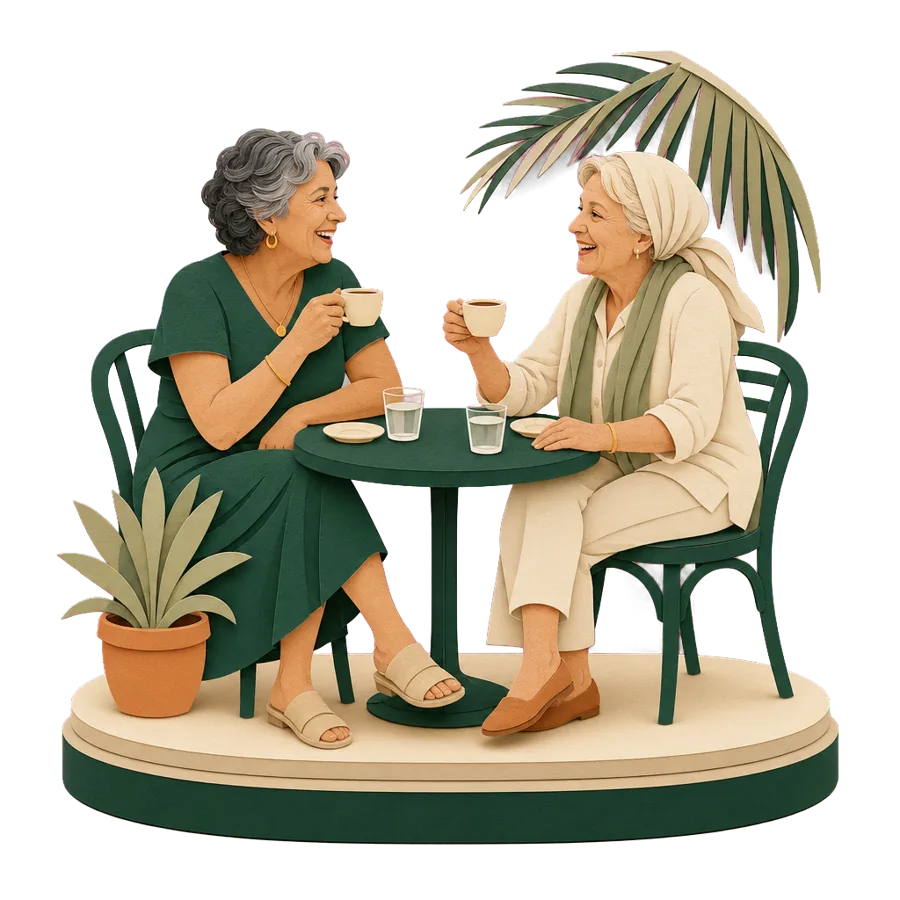 Two retired friends linger over coffee at an outdoor cafe table, for what a month costs in Croatia