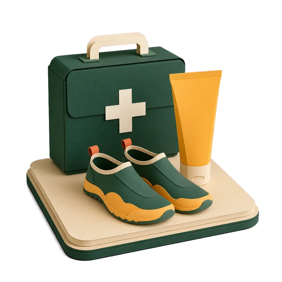 A first-aid box, sunscreen and water shoes, for health care and insurance in Croatia