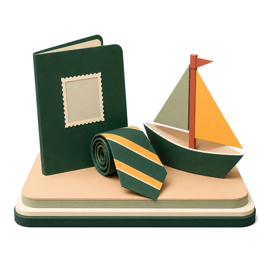 A generic passport with a blank stamp, a necktie and a paper sailing boat, for Croatia visas