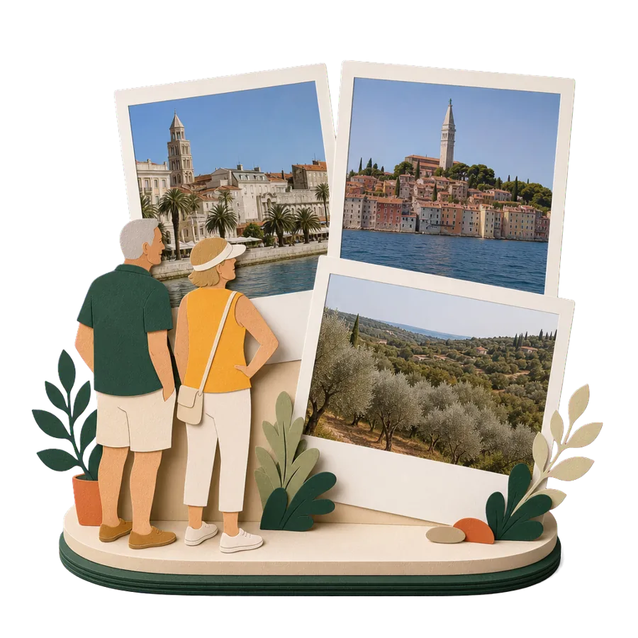 Retirees in Croatia look at photos of the Split waterfront, hilltop Rovinj in Istria and olive groves