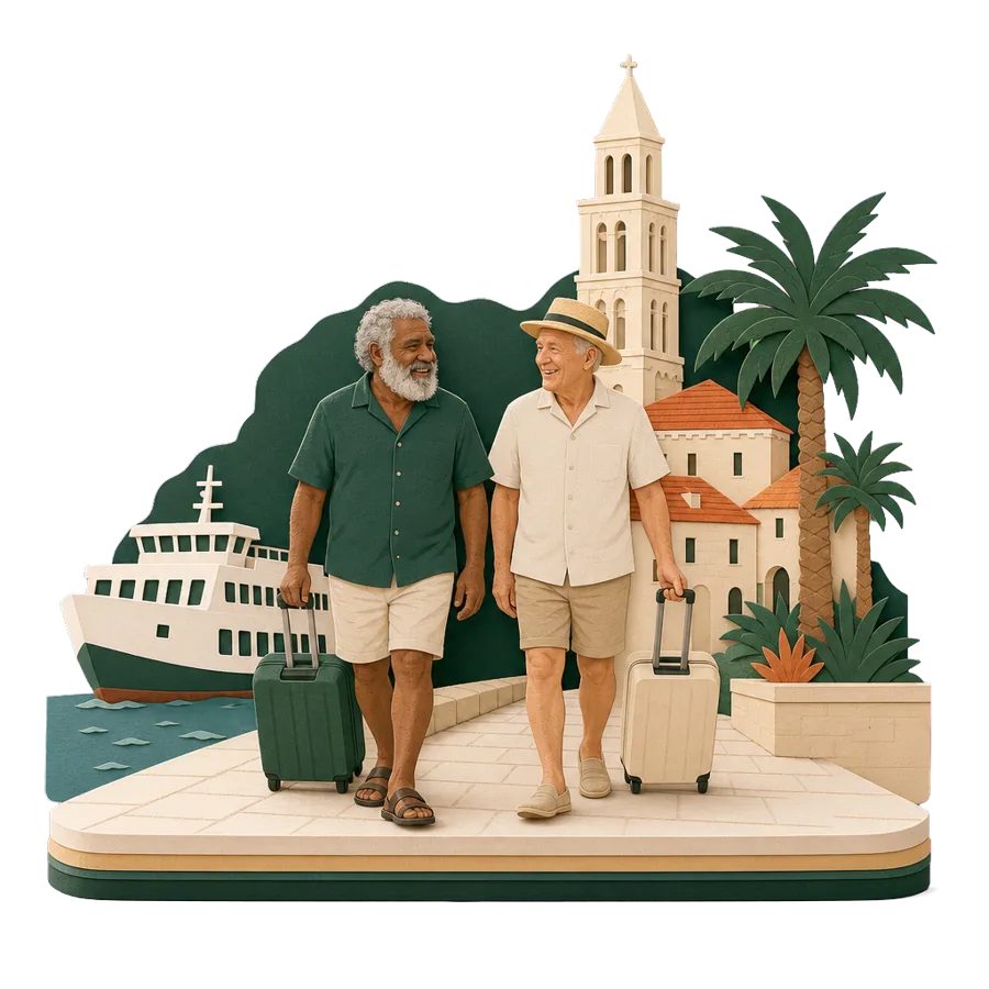 Two retired men wheel suitcases along the waterfront to the ferry, for getting to Croatia and home