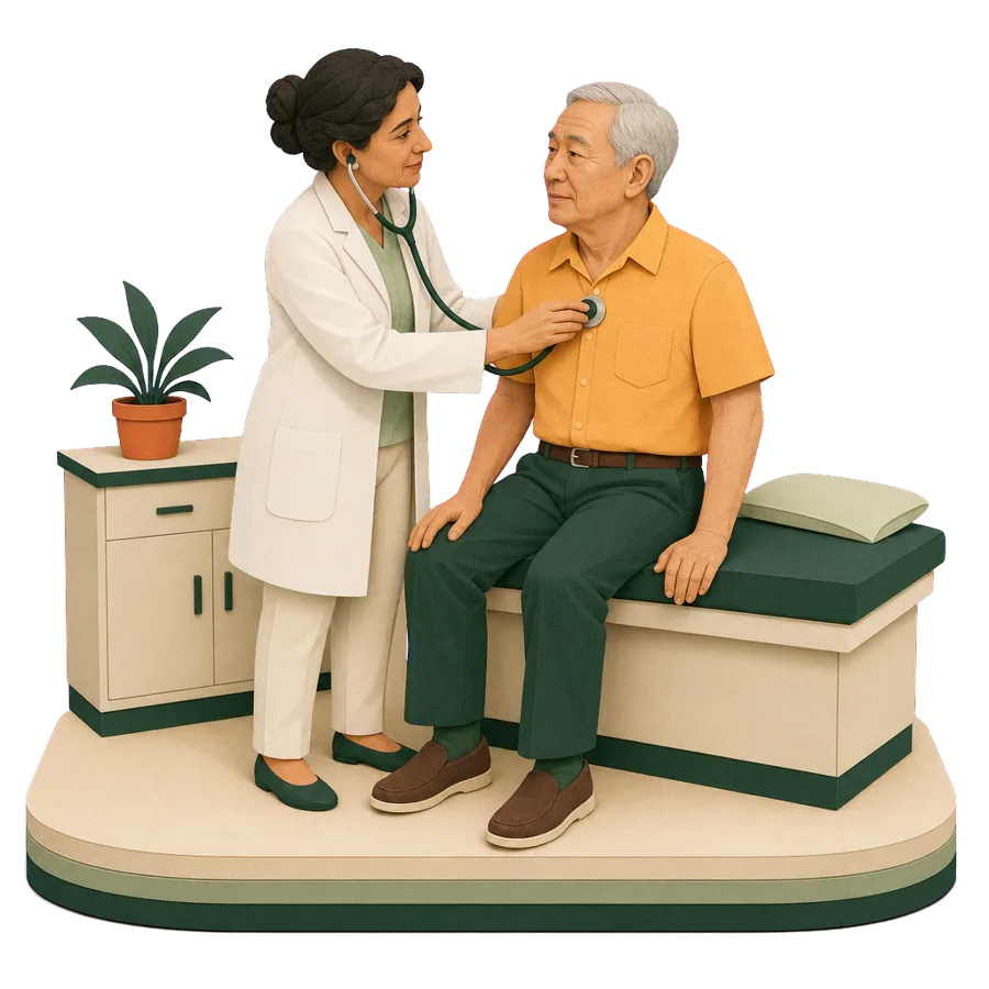 A doctor listens to a retired man’s chest at a check-up, for health care and insurance in Cyprus