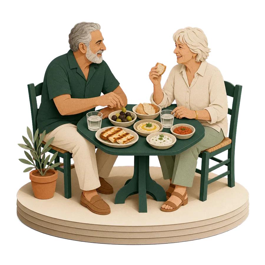 A retired couple share small plates of meze at a taverna, for what a month costs in Cyprus