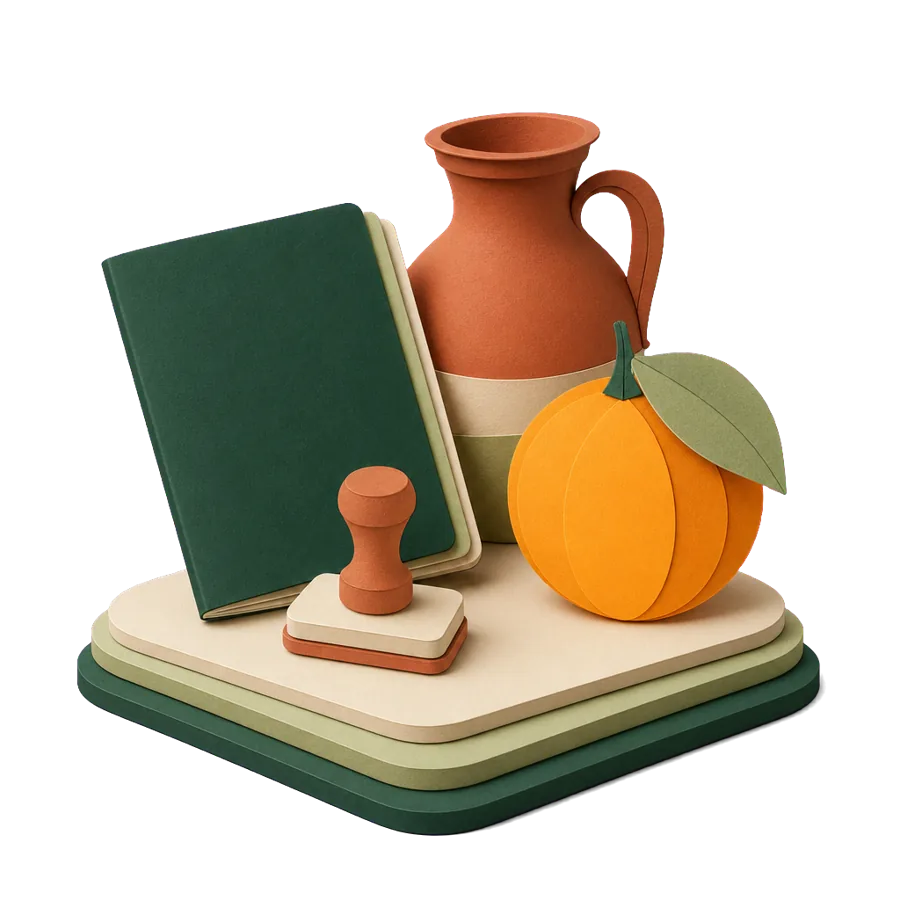 A generic passport with a blank stamp beside a clay jug and an orange, for Cyprus visas for Australians
