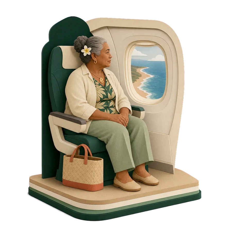 A retired woman looks out of a plane window at the Cyprus coast, for getting to Cyprus and coming home