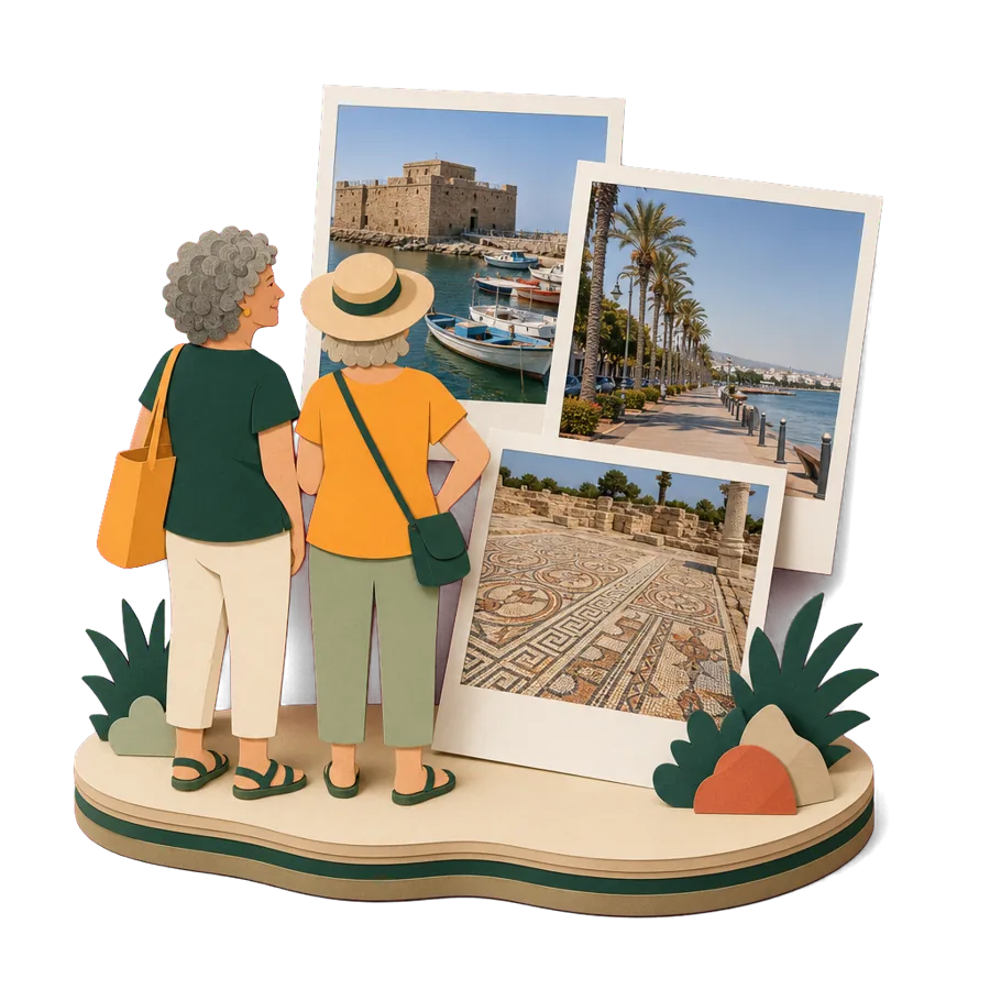 Two retired friends look at photos of Paphos harbour, the Limassol seafront and ancient mosaics in Cyprus