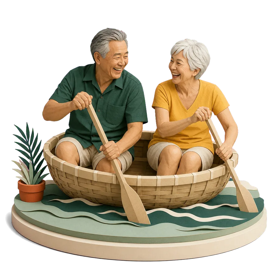 A retired couple sit in a round bamboo basket boat with paddles, for who Da Nang suits and what to weigh up