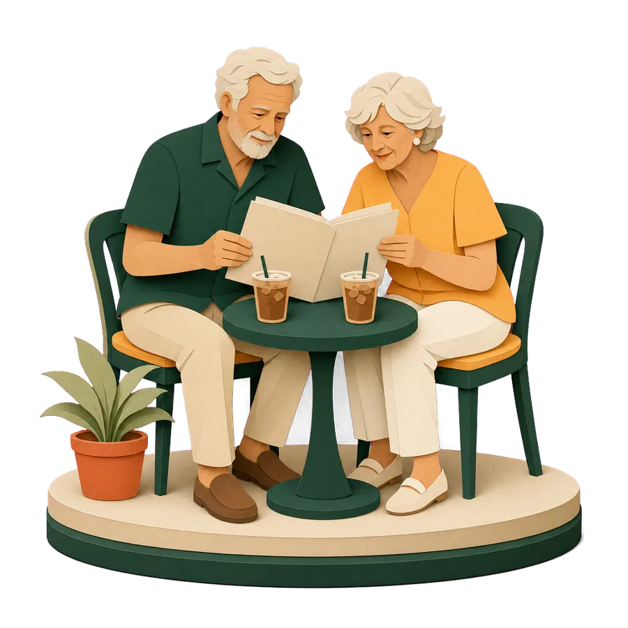 A retired couple read a folder of papers over iced coffee, for checking health insurance before living in Da Nang