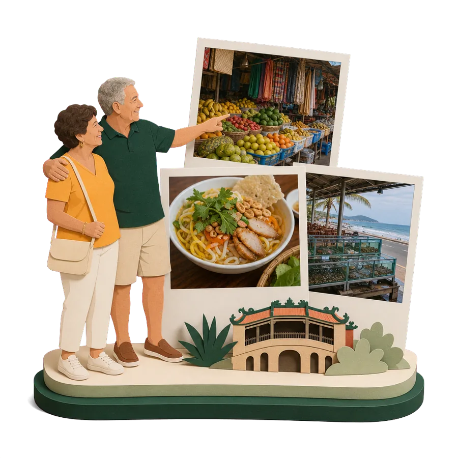 A retired couple beside photos of Han Market, a bowl of mi quang and a seafood restaurant, for costs in Da Nang