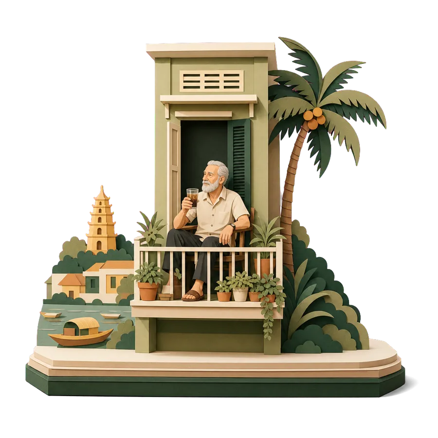 A retired man has iced coffee on the plant-filled balcony of a narrow tube house, for where Australians live in Da Nang