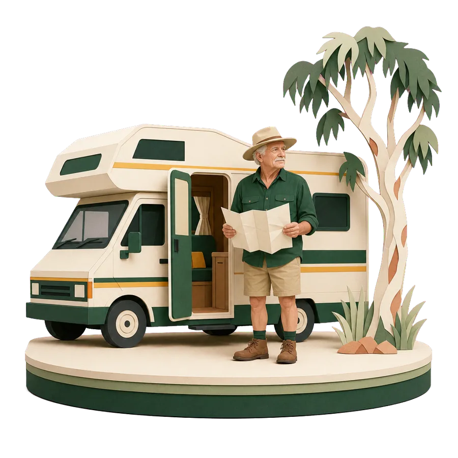 A retired man with a map stands by a motorhome, for touring Australia before moving to Rayong in Thailand