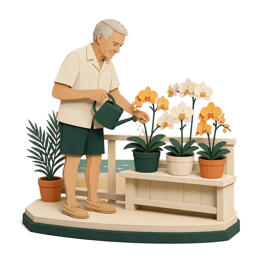 A retired man waters potted orchids on a balcony by the sea, for new hobbies after moving to Rayong