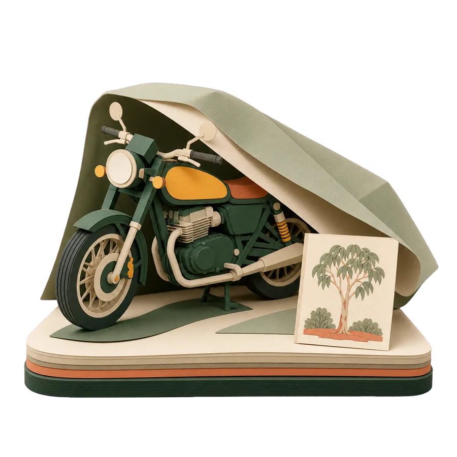 A big motorbike under a cover beside a postcard of a gum tree, for what is left behind when moving to Thailand