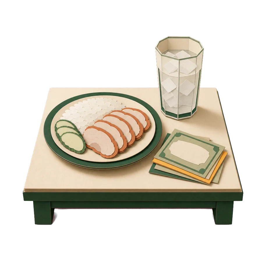 A plate of rice and pork, iced water and plain paper banknotes, for the cost of living in Rayong, Thailand