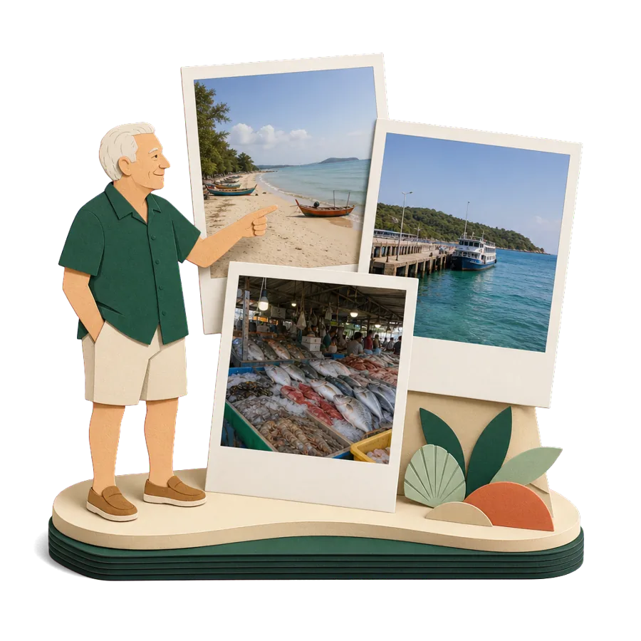 A retiree points at photos of a Rayong beach, the Koh Samet ferry pier and a seafood market in Thailand