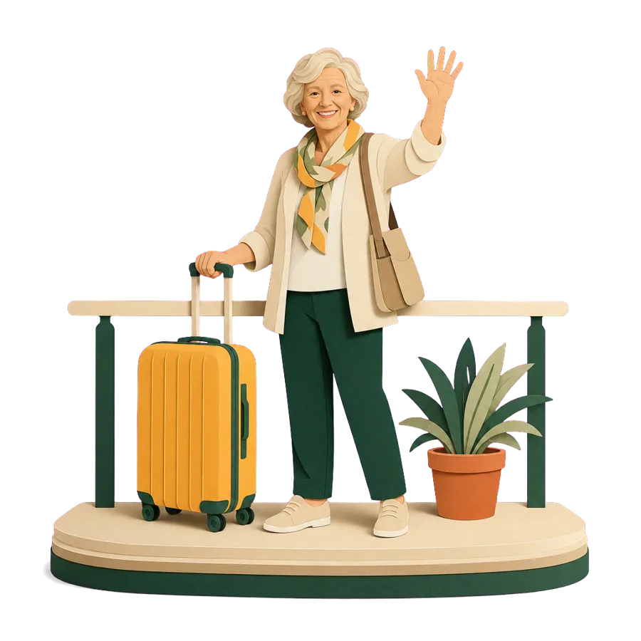 A woman waves from an airport arrivals rail beside her suitcase, for coming home to family in Sydney