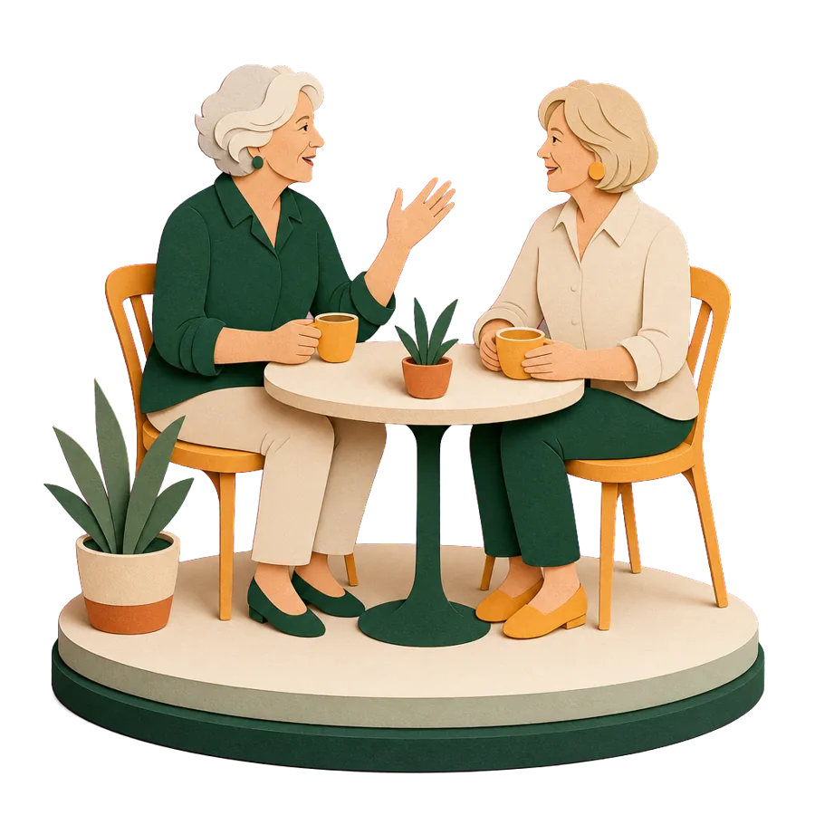 Two women talk over small cups of coffee at a cafe table, for long conversations on a Greek island