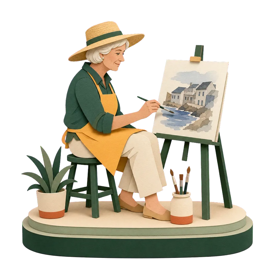 A woman paints grey and blue island houses in watercolour at an easel, for an artist’s life on Hydra