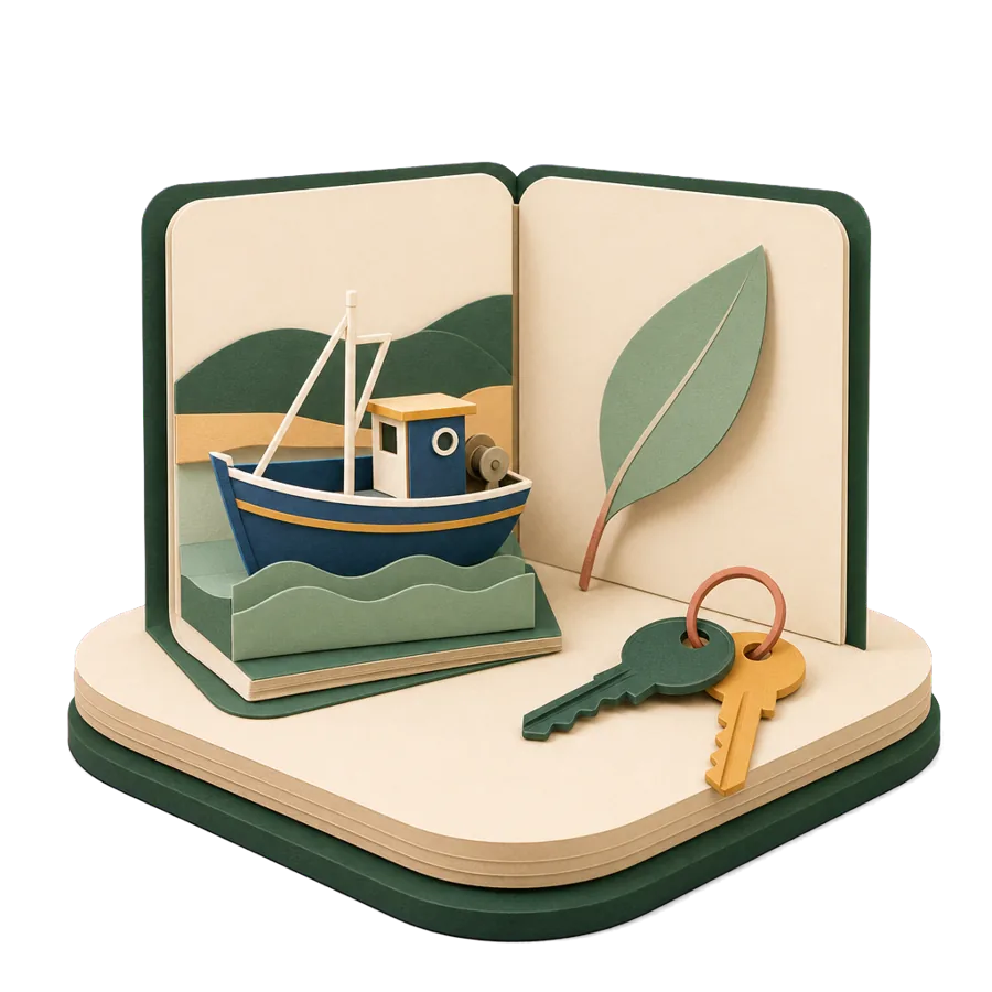 A calendar split in two with a Greek boat and a gum leaf, and two keys on a ring, for six months in each country