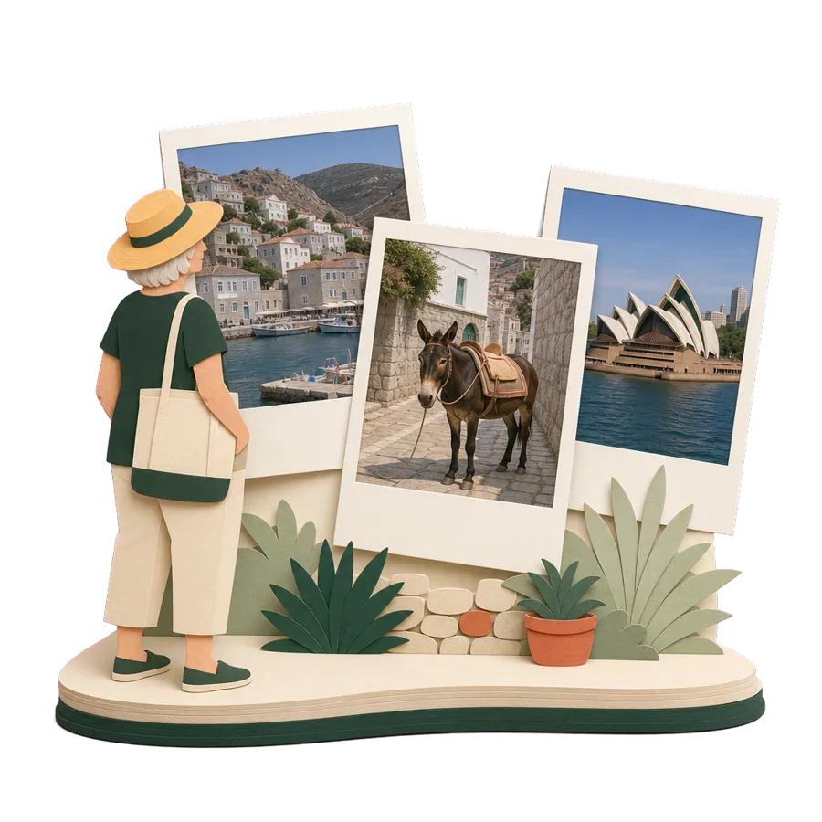 A woman looks at photos of Hydra harbour, a donkey on a cobbled lane and Sydney Harbour, for half the year in each
