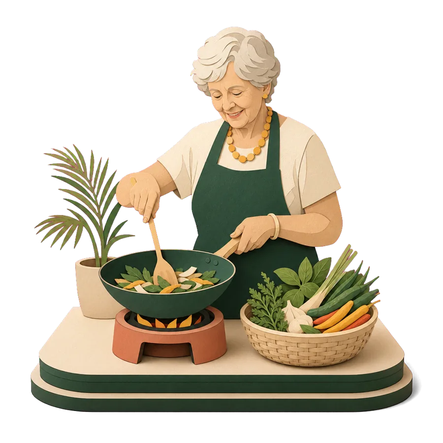 A woman in her early 70s at a cooking class in Chiang Mai during a long trial stay away from her house