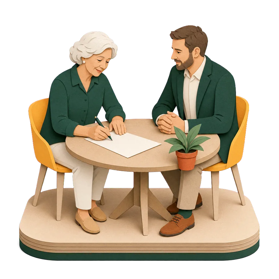 A woman in her early 70s signing a lease with a property manager to rent out her house while she is overseas