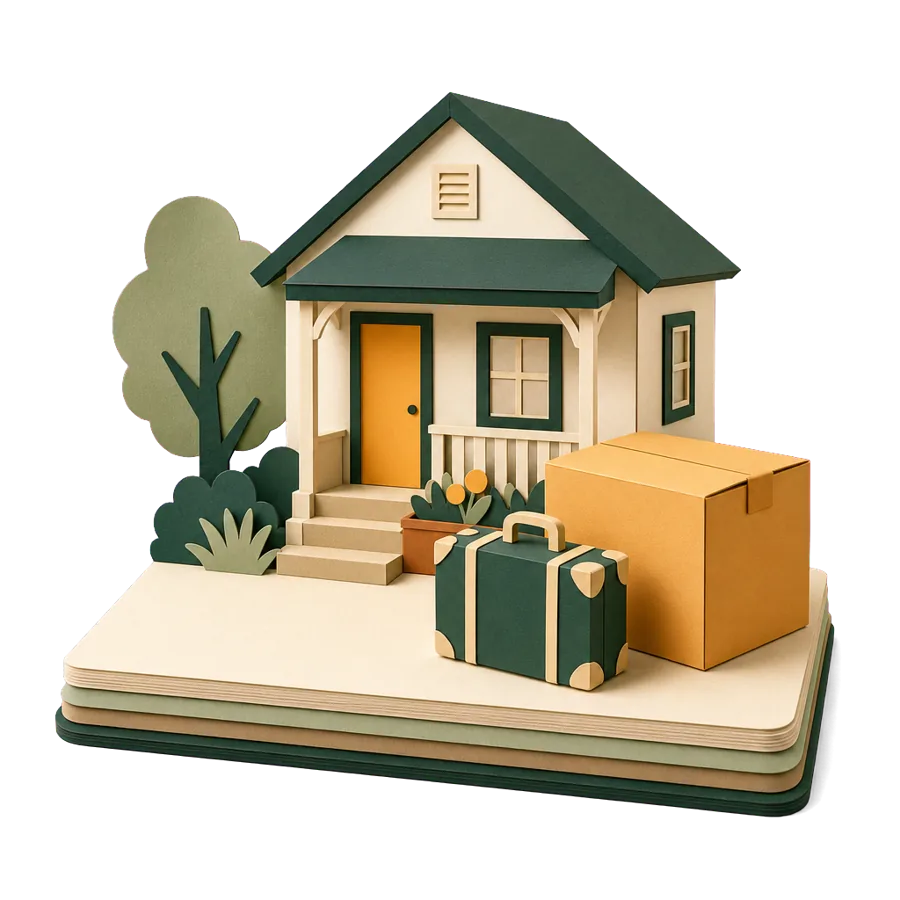 A suitcase and a moving box in front of a house, how a trip differs from a move for the Age Pension home rules