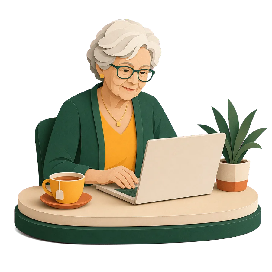 A woman in her early 70s updating her details online to tell Services Australia about her house while overseas