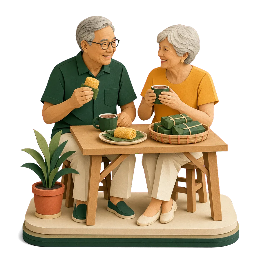 A retired couple share sticky cakes in banana leaves and hot chocolate at a market stall, for what a month costs in Dumaguete
