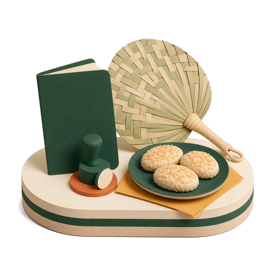A generic passport with a blank stamp beside a woven palm-leaf fan and small cream-coated cookies, for visas for Australians in Dumaguete