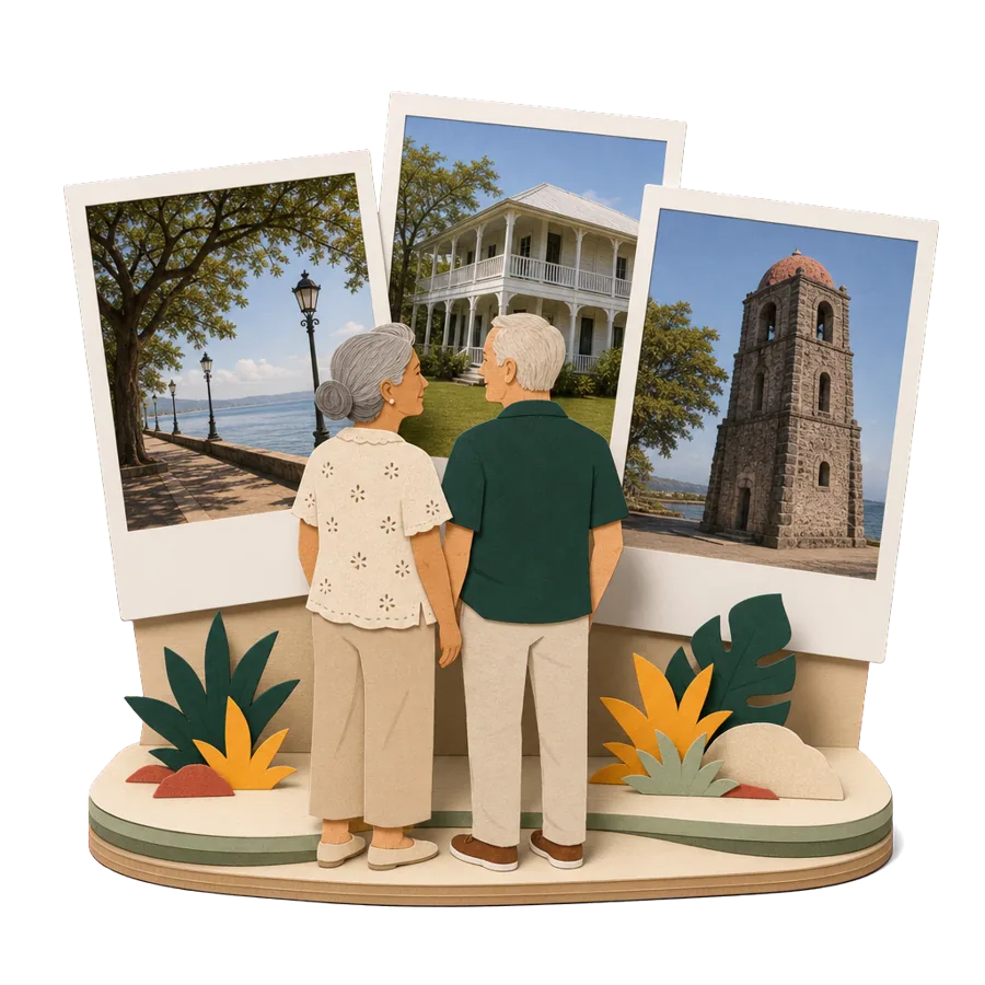 Retirees in Dumaguete look at photos of the seafront boulevard, an old university hall and the stone bell tower