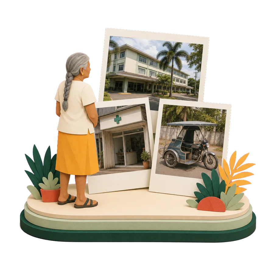 A retired woman looks at photos of a hospital, a pharmacy and a motorcycle tricycle, for health care in Dumaguete