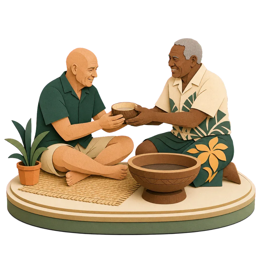 A retired man accepts a coconut shell cup of kava from a Fijian host, for who Fiji suits