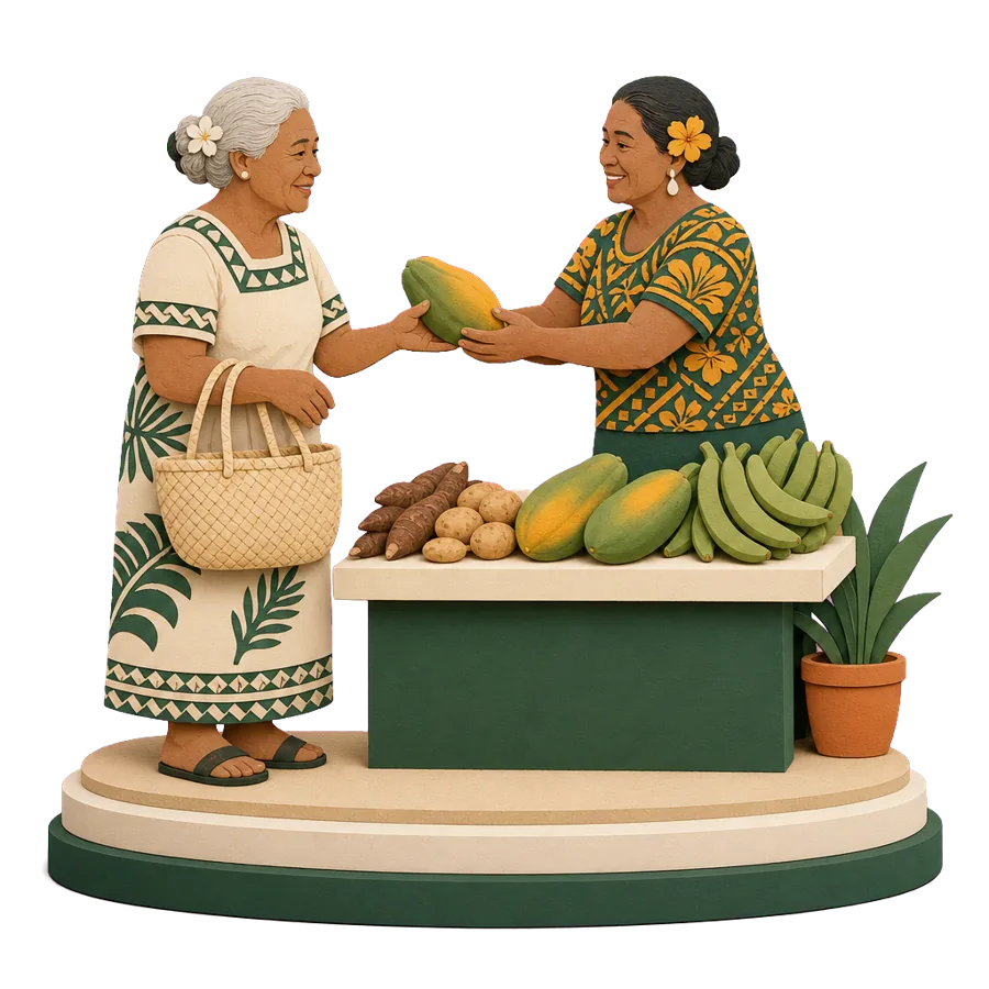 A retired woman buys a pawpaw at a market table of neat heaps, for what a month costs in Fiji