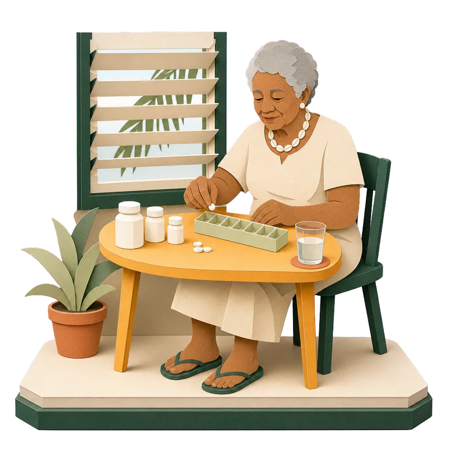 A retired woman fills a weekly pill organiser at a table, for health care and insurance in Fiji