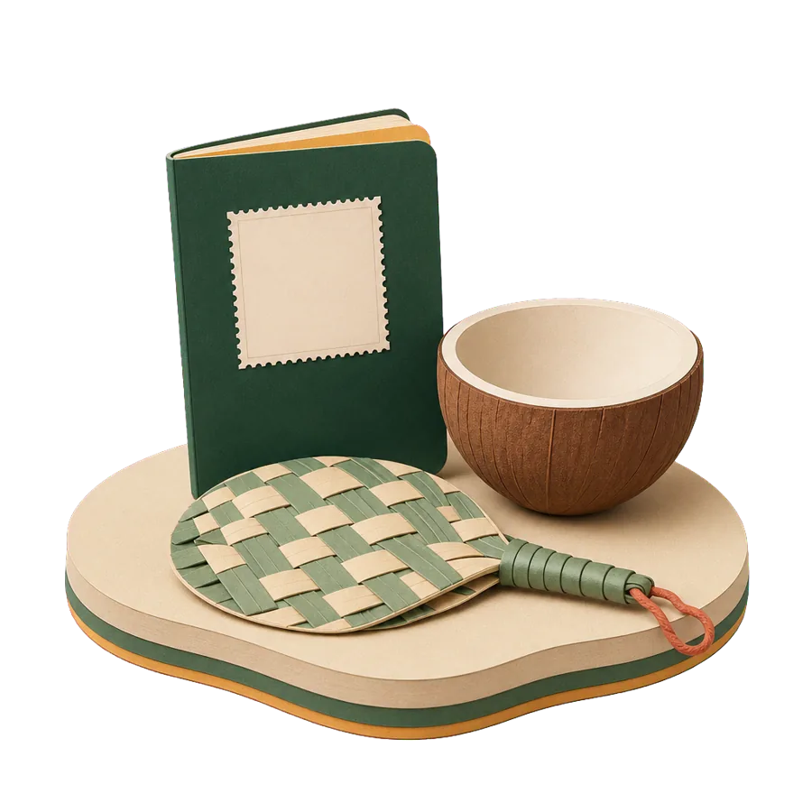 A generic passport with a blank stamp beside a coconut shell cup and a woven fan, for Fiji visas
