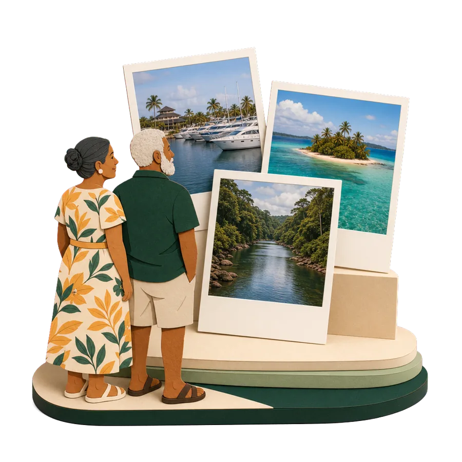 Retirees in Fiji look at photos of Denarau marina, an island lagoon off Nadi and rainforest at Pacific Harbour