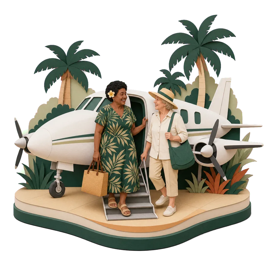 Two retired friends step down from a small plane by palm trees, for getting to Fiji and home