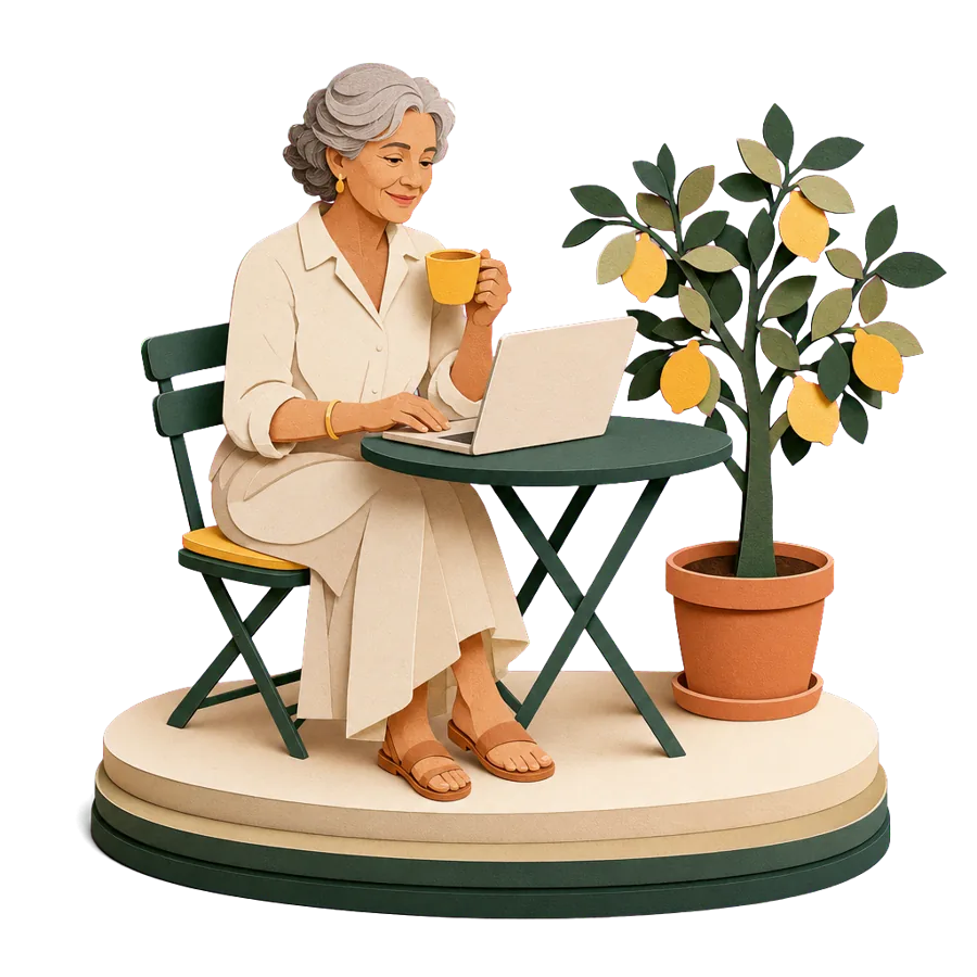 A woman in her mid 60s in the Algarve checking her rental income, an example of foreign resident tax rates