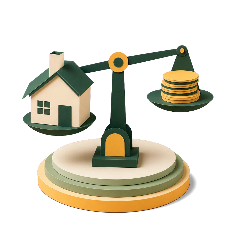 A house on a balance scale opposite coins, capital gains tax on your home as a foreign resident for tax